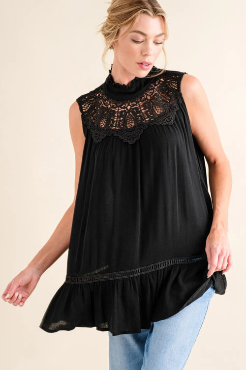 And The Why Lace Detail Sleeveless Ruffled Top | Lola Mariee