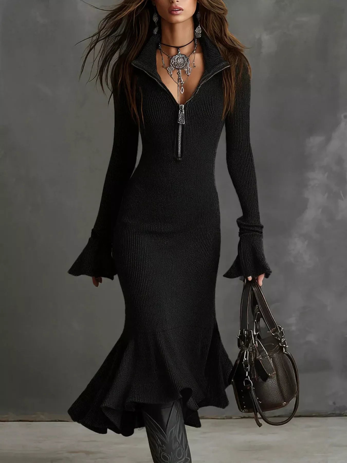 Ribbed Knit Zip Front Flare Hem Midi Dress – view 7 | Lola Mariee