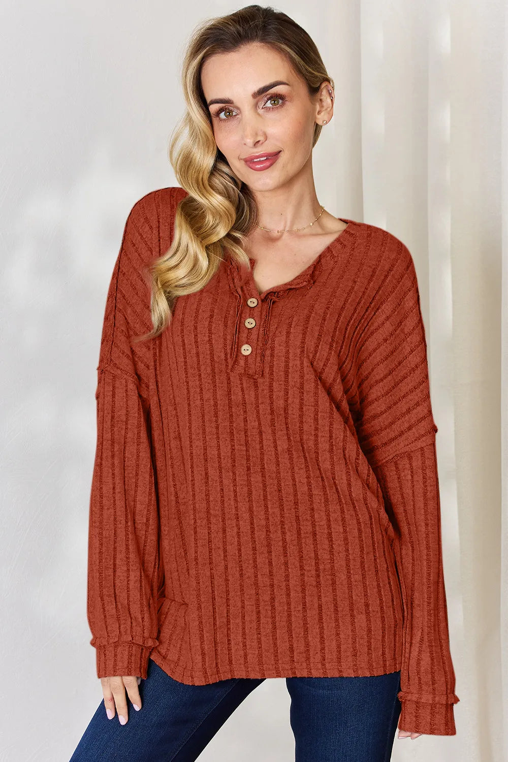 Basic Bae Full Size Ribbed Half Button Long Sleeve T-Shirt – view 2 | Lola Mariee