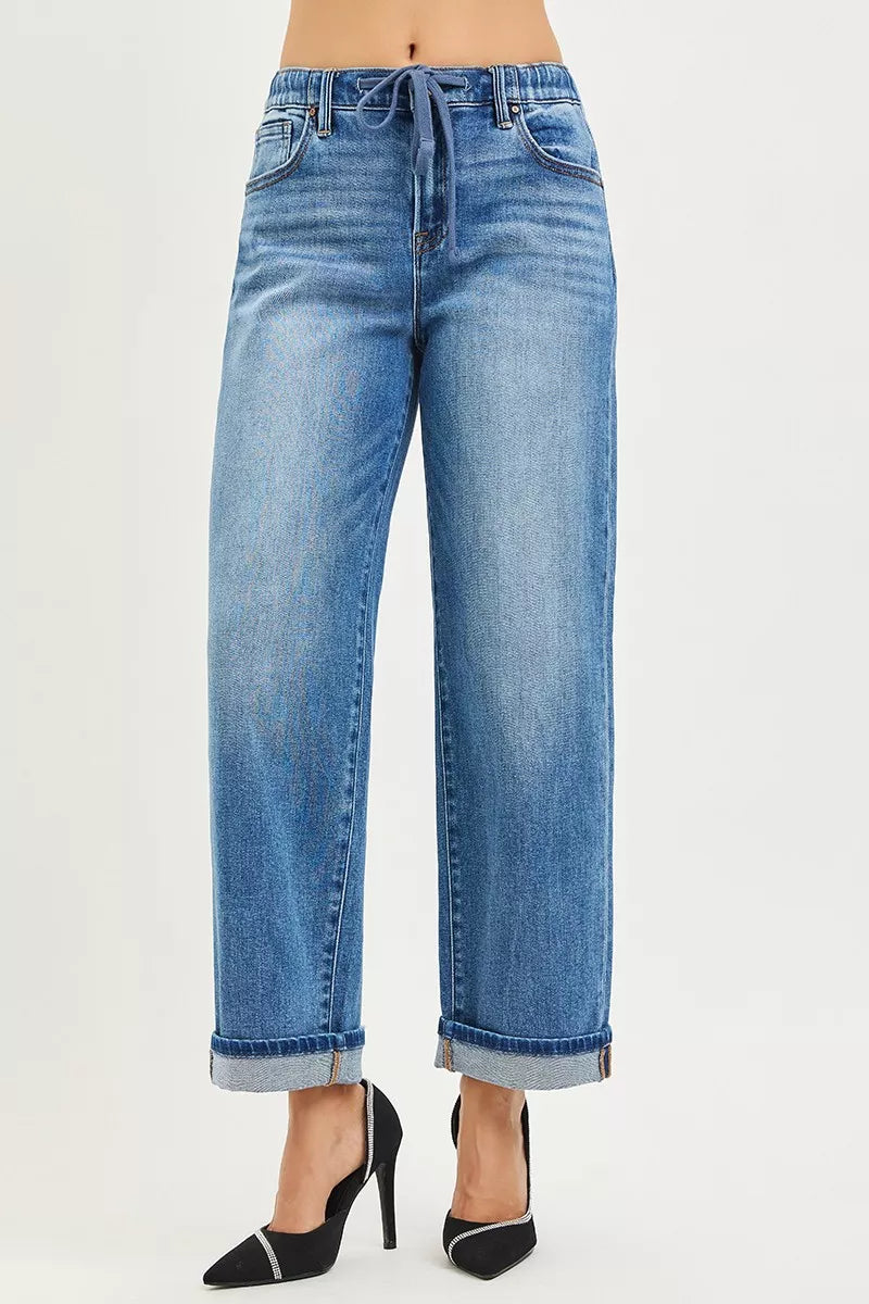 RISEN Elastic Band Slouch Ankle Boyfriend Cuffed Hem Jeans - LOLA MARIEE | Lola Mariee