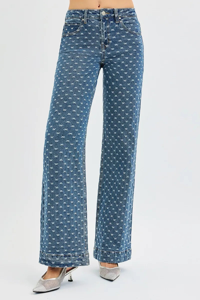 RISEN High Rise Wide Leg Bow Embroidered Jeans - women's bottoms at Lola Mariee boutique