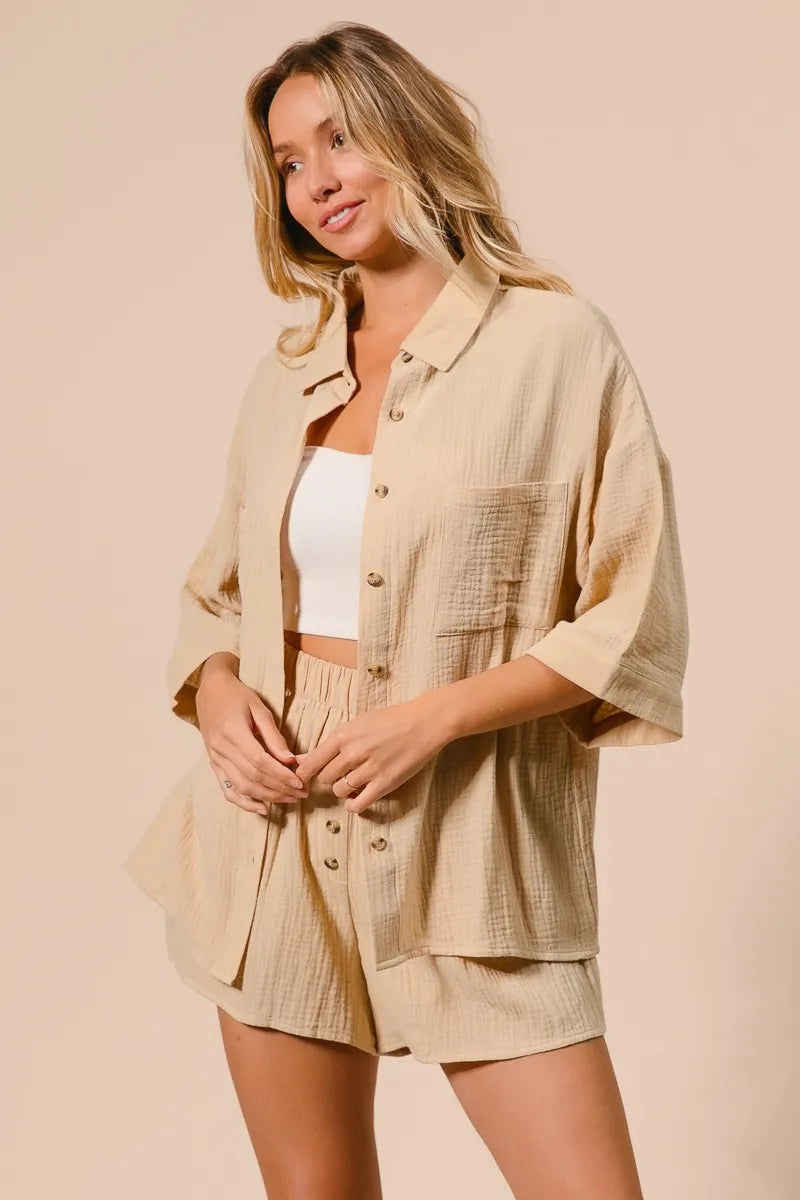 BiBi Crinkle Gauze Shirt and Short Set - Trendsi | Lola Mariee