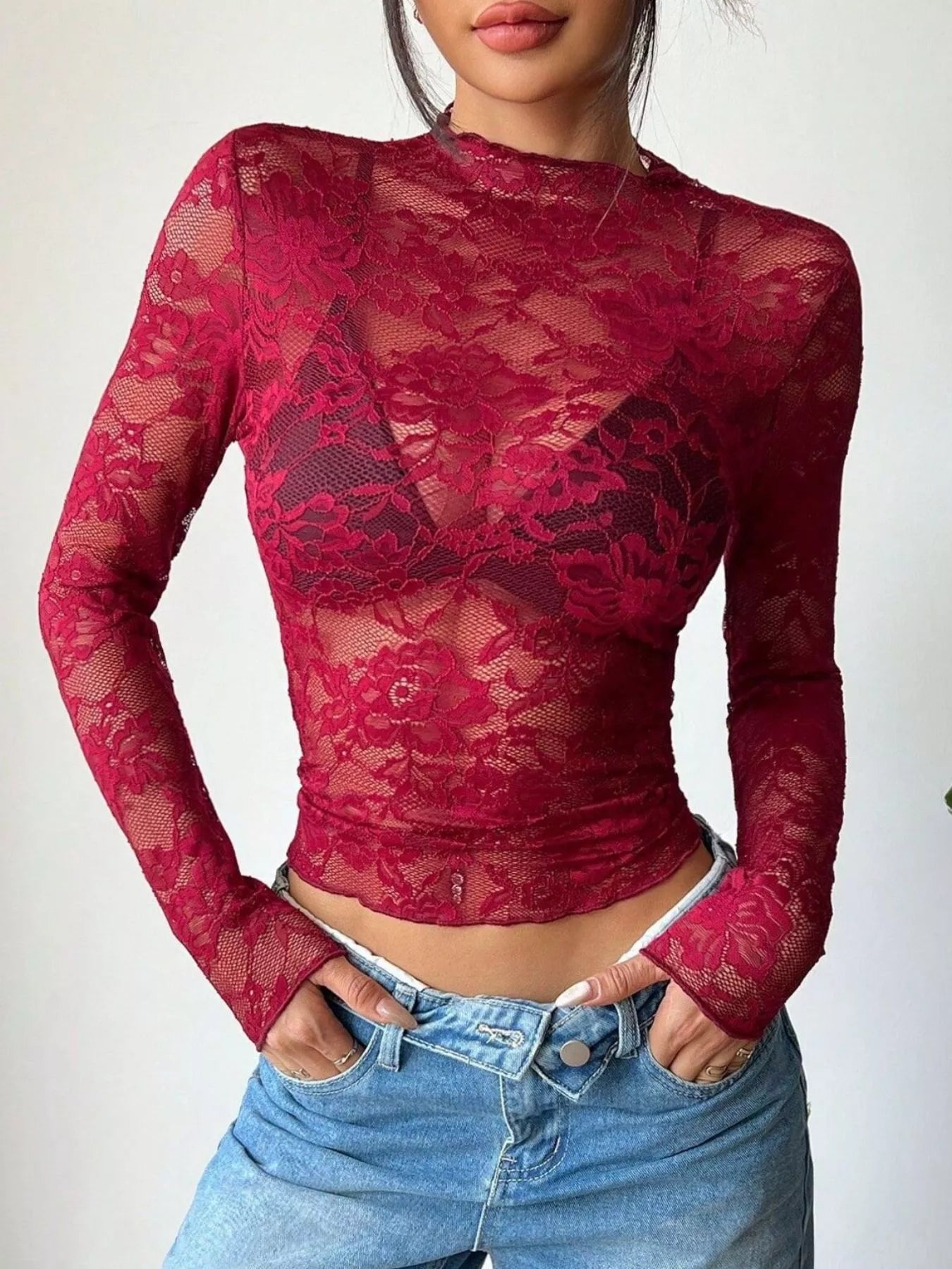 Elegant Floral Lace Long Sleeve Top – view 8 | Lola Mariee