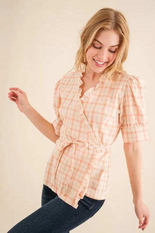 And The Why Plaid Patterned and Ruffled Wrap Blouse Top – view 2 | Lola Mariee