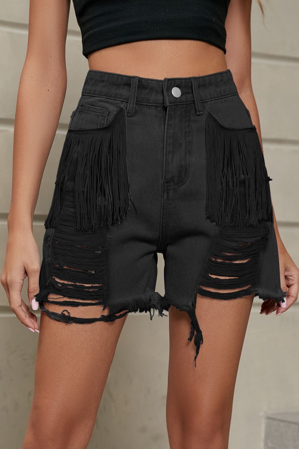Fringe Trim Distressed Denim Shorts with Pockets – view 8 | Lola Mariee