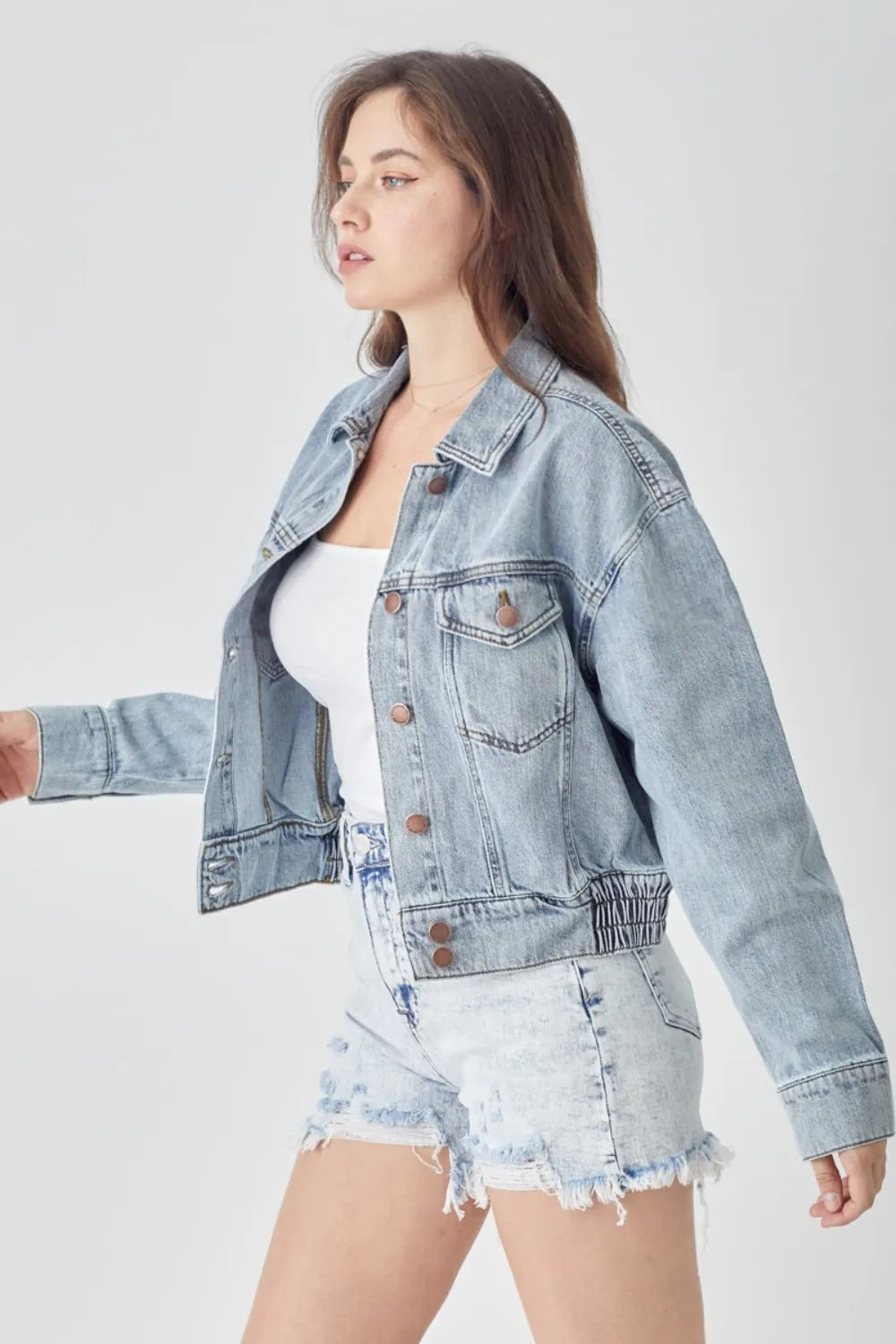 RISEN Full Size Button Down Cropped Denim Jacket - LOLA MARIEE | Lola Mariee