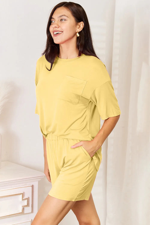 Basic Bae Bamboo Full Size Round Neck Drop Shoulder T-Shirt and Shorts Set – view 2 | Lola Mariee