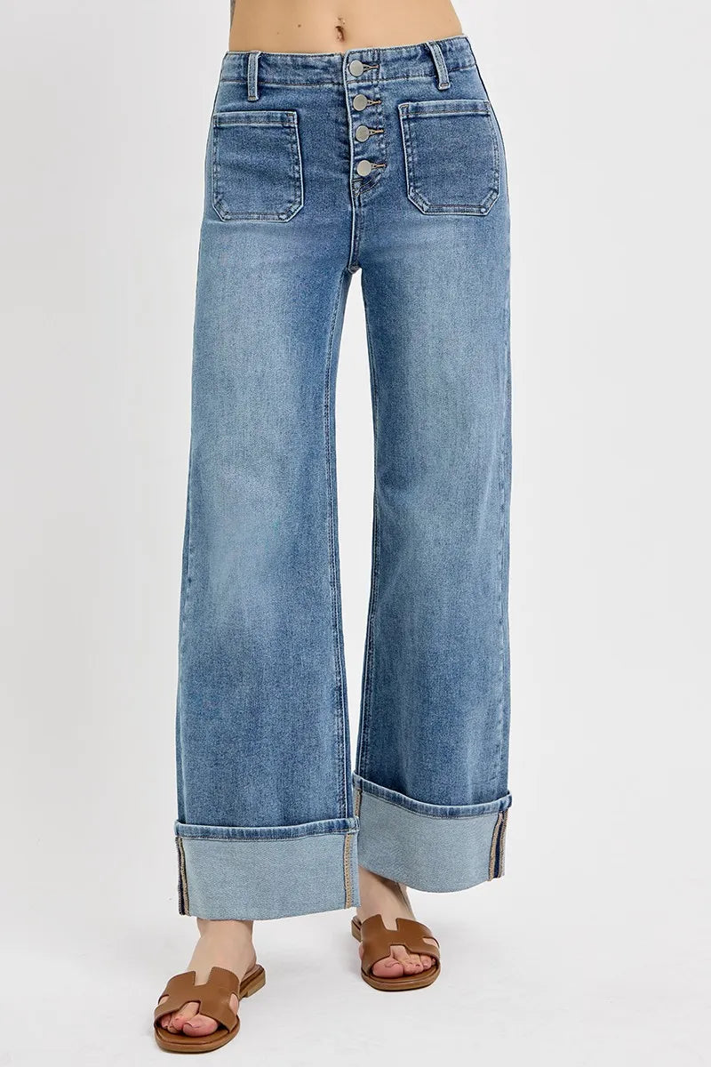 RISEN High Rise Ankle Wide Button Patch Pocket Cuffed Jeans - women's bottoms at Lola Mariee boutique