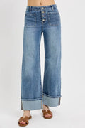 RISEN High Rise Ankle Wide Button Patch Pocket Cuffed Jeans - women's bottoms at Lola Mariee boutique
