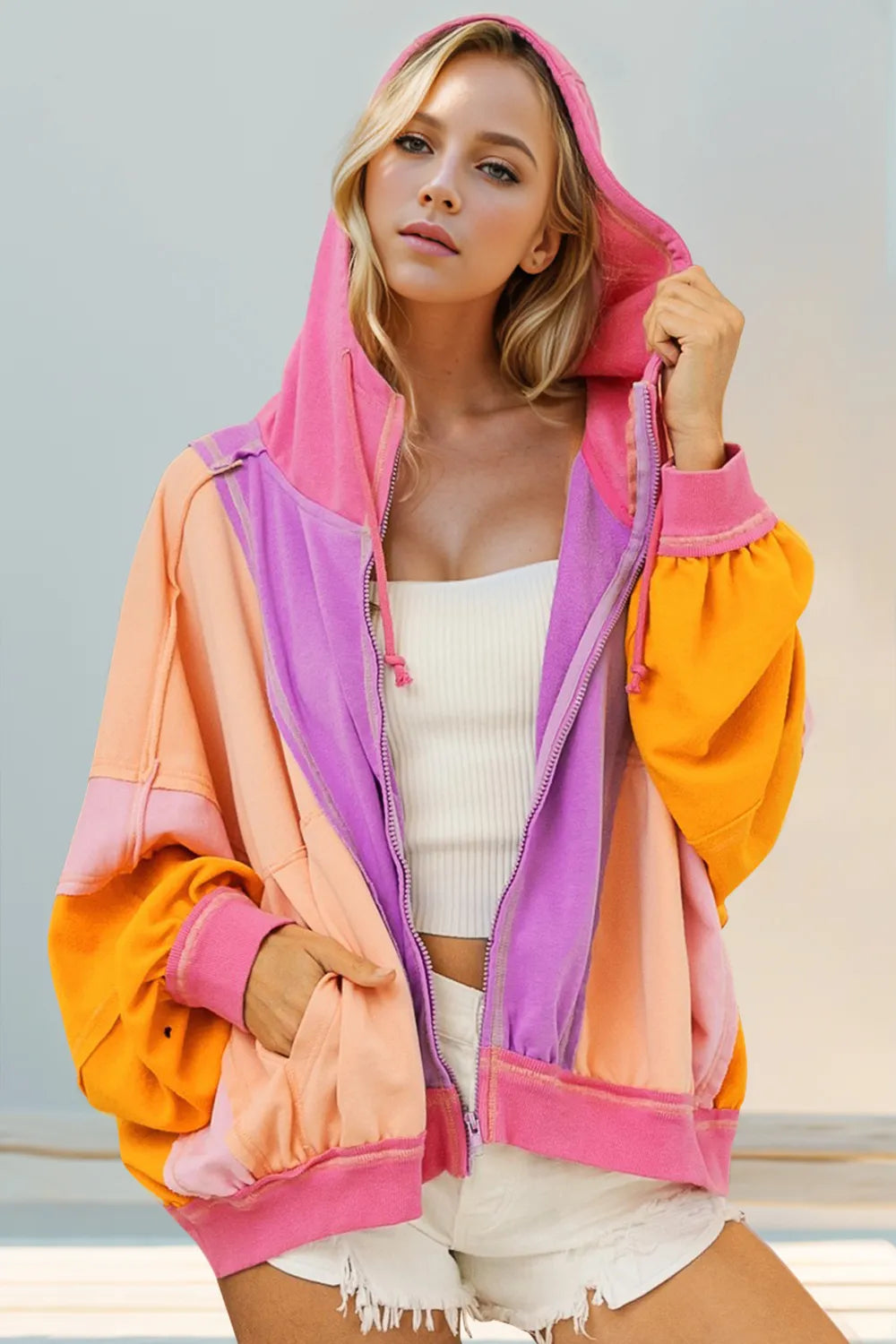 Double Take Full Size Color Block Zip Up Hoodie – view 2 | Lola Mariee