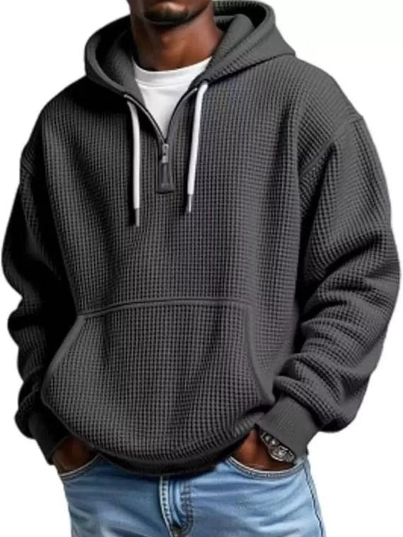 Men's Full Size Textured Waffle Knit Half-Zip Hoodie Plus Size – view 5 | Lola Mariee