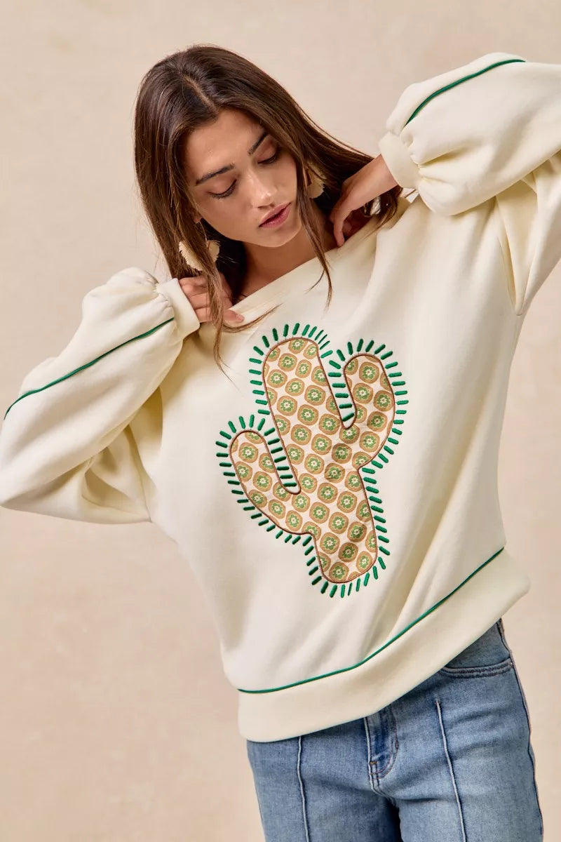 BiBi Cactus Embroidered Fleece Sweatshirt - Trendsi | Lola Mariee