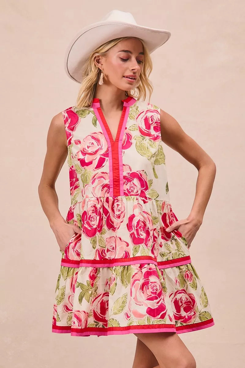BiBi Floral Woven Contrast Edge Tiered Ruffle Mini Dress – view 5 | Lola Mariee