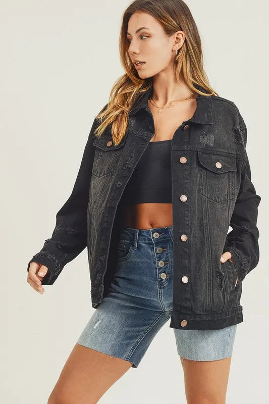 RISEN Full Size Distressed Long Sleeve Denim Jacket - LOLA MARIEE | Lola Mariee