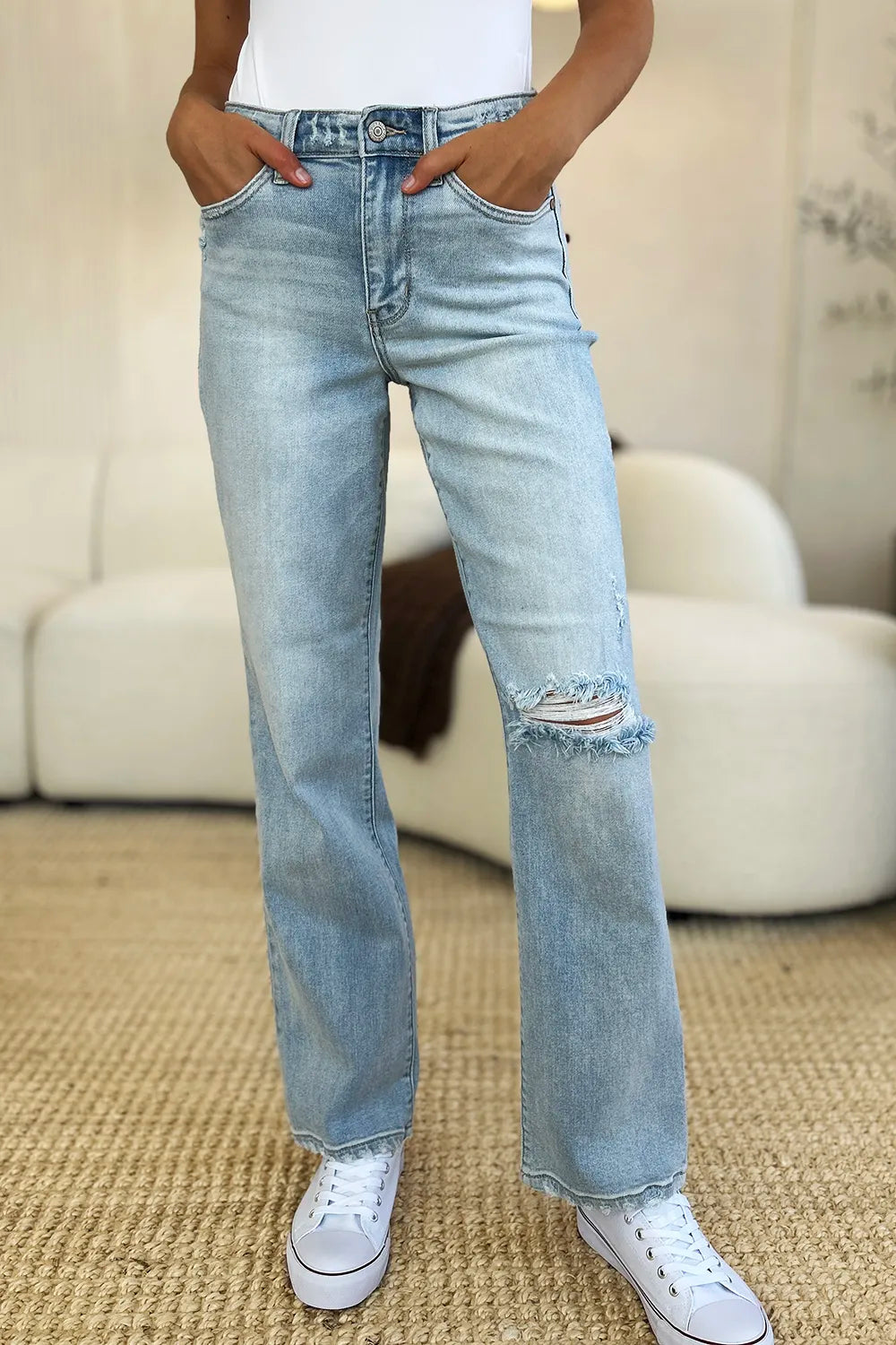 Judy Blue Full Size High Waist Distressed Straight Jeans - women's bottoms at Lola Mariee boutique