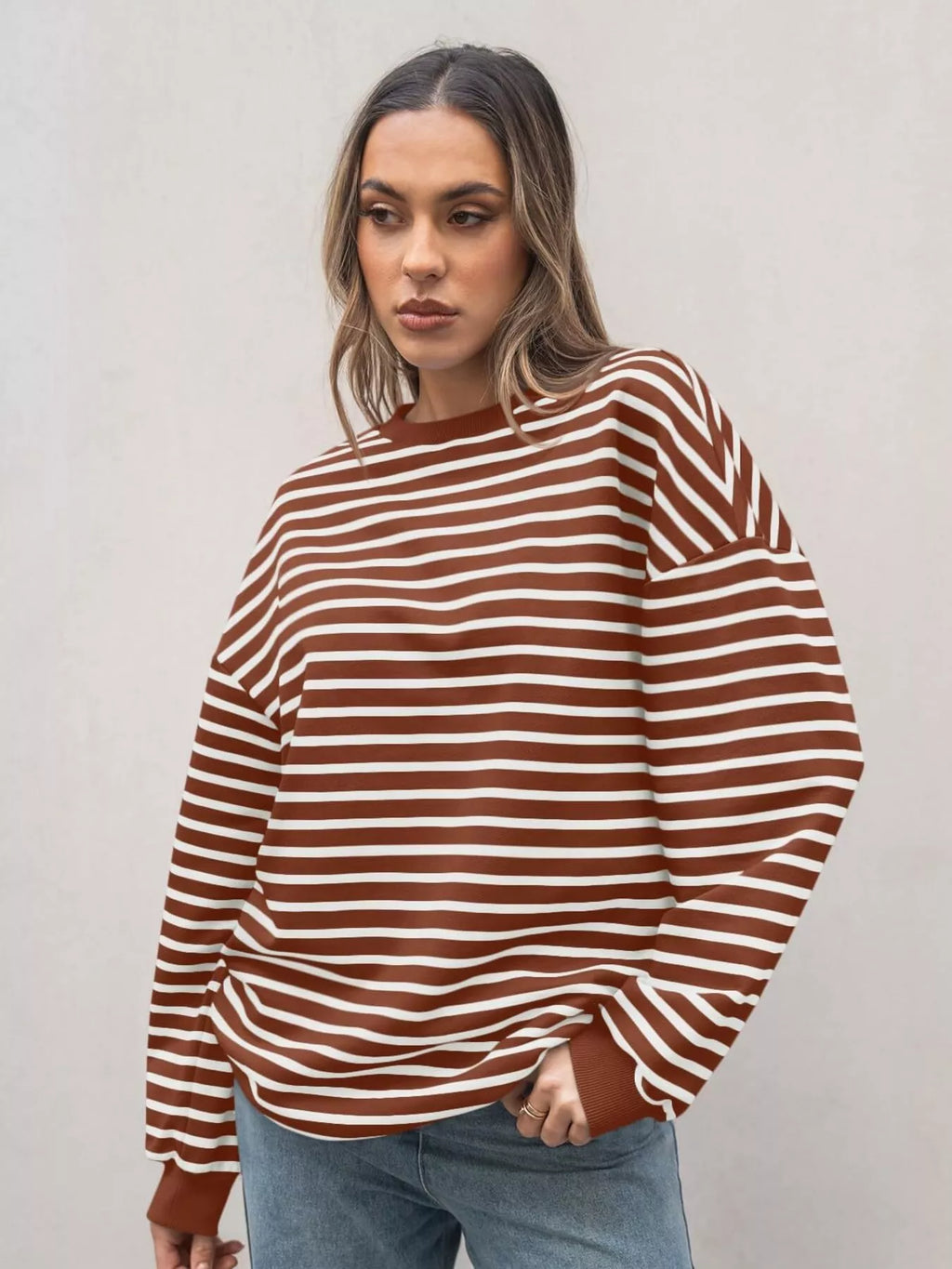 Striped Round Neck Oversized Casual Sweatshirt - Trendsi | Lola Mariee