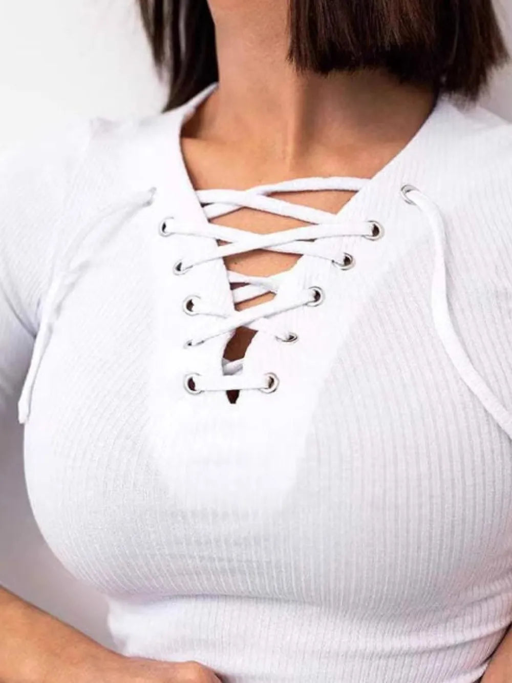 Lace Up Long Sleeve T-Shirt - Trendsi | Lola Mariee