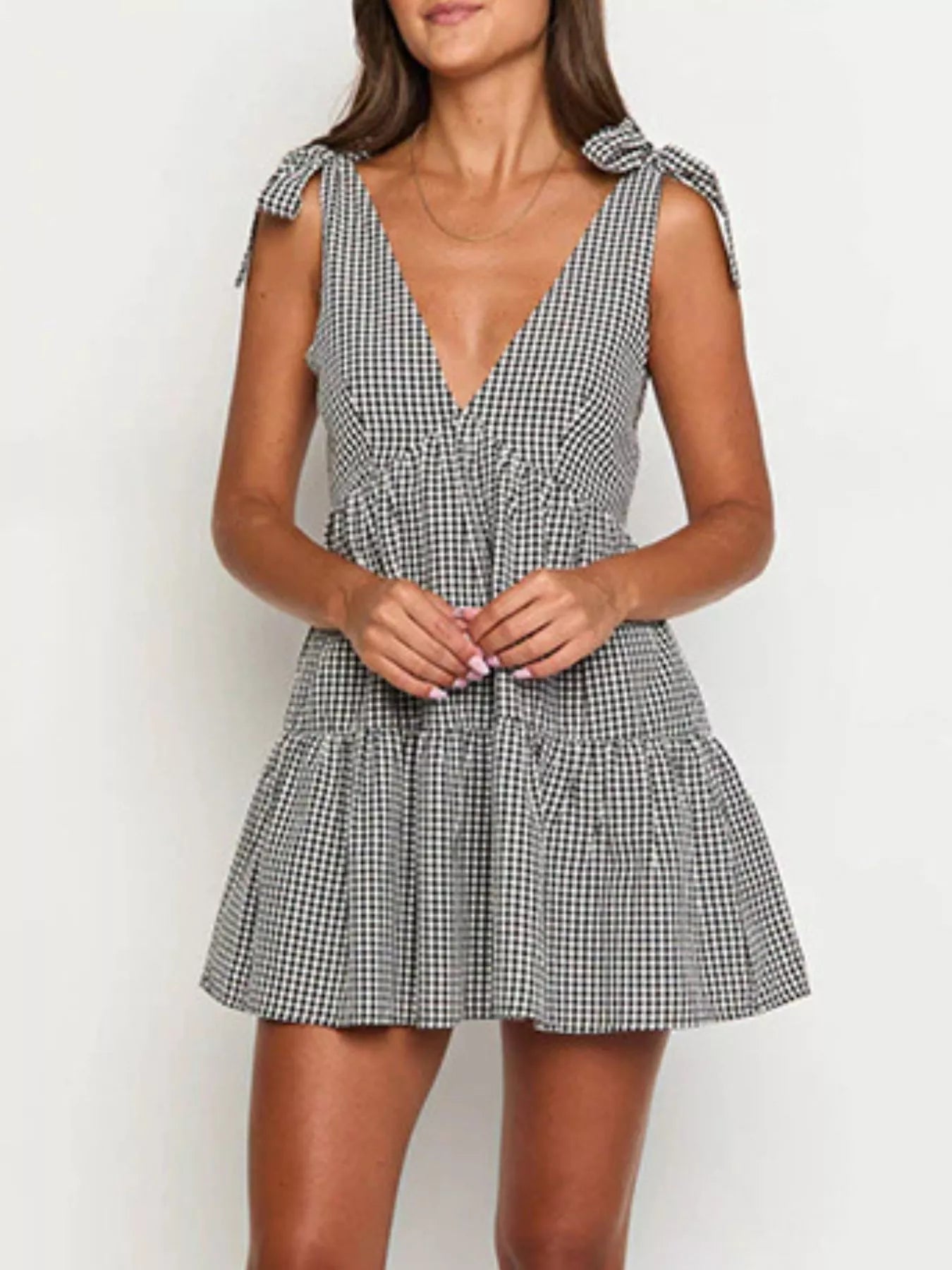 Gingham Tie-Shoulder Mini Dress – view 4 | Lola Mariee