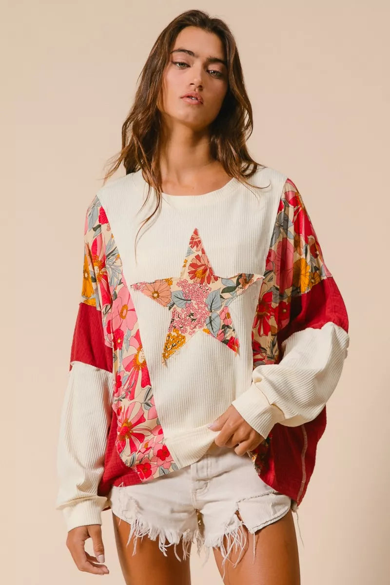 BiBi Floral Print Mixed Star Patch Round Neck Sweatshirt - Trendsi | Lola Mariee