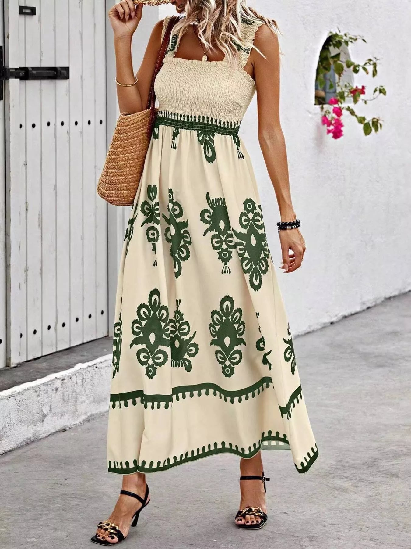 Smocked Printed Square Neck Maxi Dress – view 9 | Lola Mariee