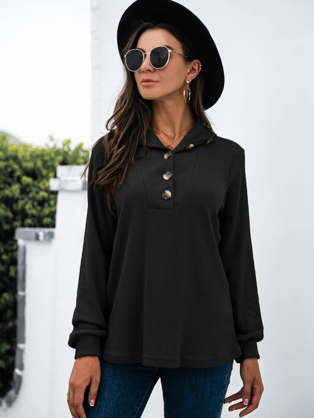 Half Button Long Sleeve T-Shirt - Trendsi | Lola Mariee