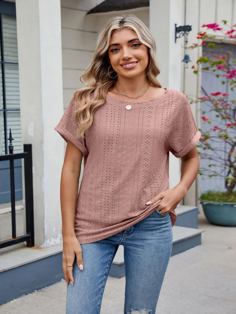 Eyelet Round Neck Short Sleeve Top - Trendsi | Lola Mariee