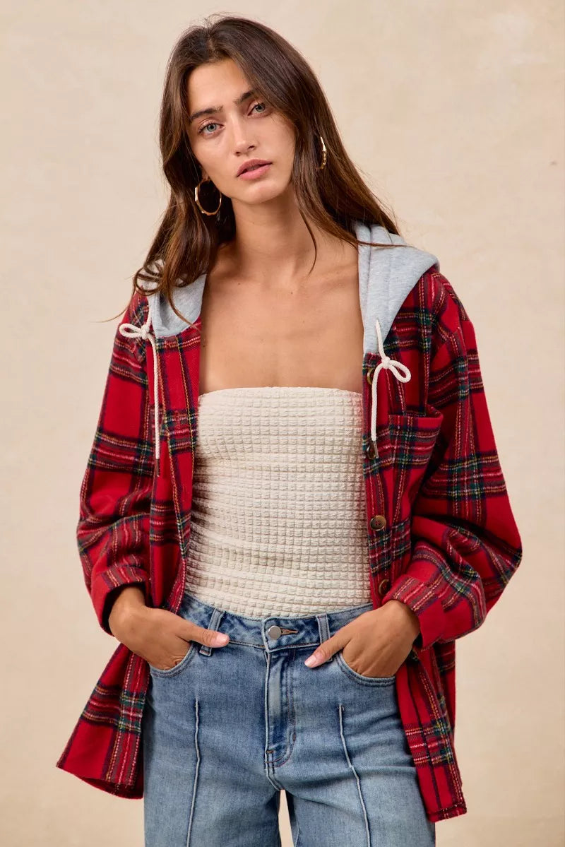 BiBi Brushed Plaid Hooded Jacket - Trendsi | Lola Mariee