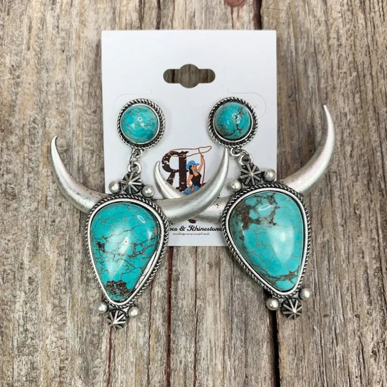 Artificial Turquoise Alloy Cow Head Earrings – view 7 | Lola Mariee