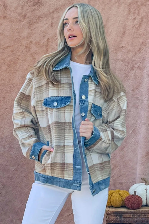 And The Why Full Size Washed Denim Detail Brushed Plaid Jacket | Lola Mariee