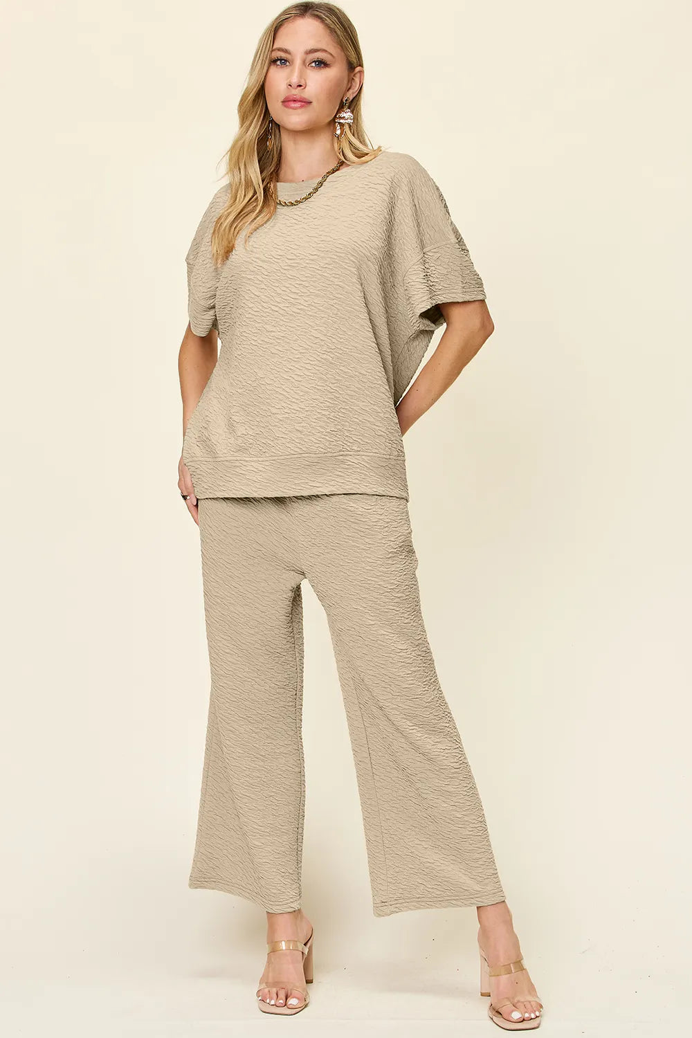Double Take Full Size Texture Short Sleeve Top and Pants Set - women's top at Lola Mariee boutique