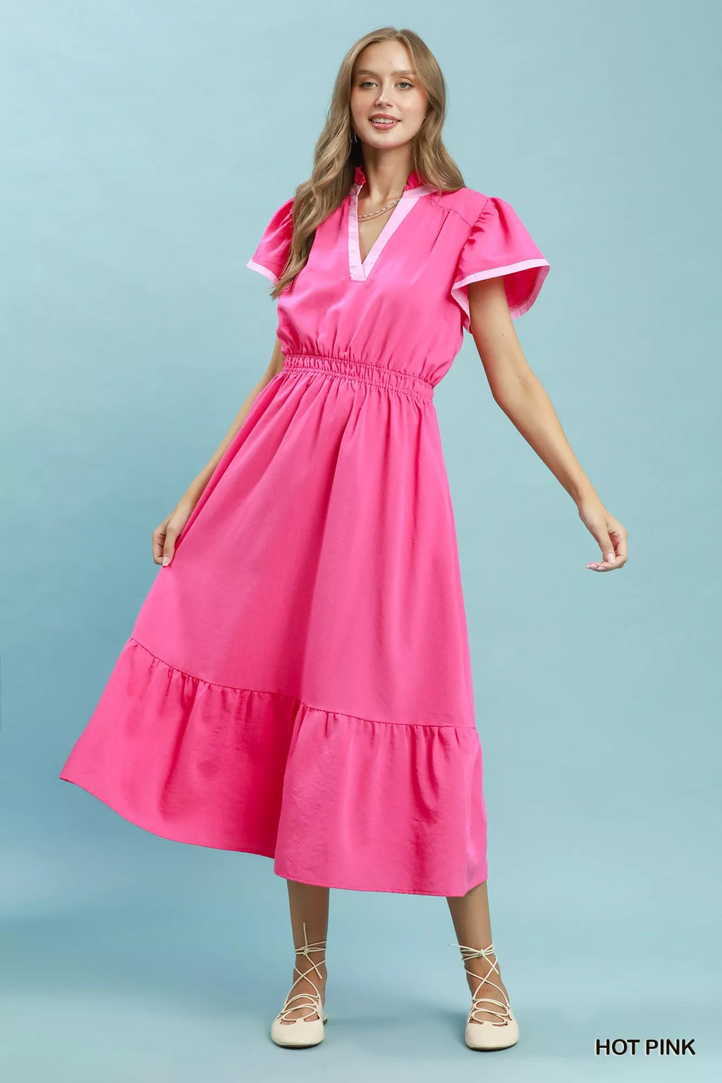 Umgee Contrast Trim Midi Dress with Tiered Ruffle Hem - Trendsi | Lola Mariee