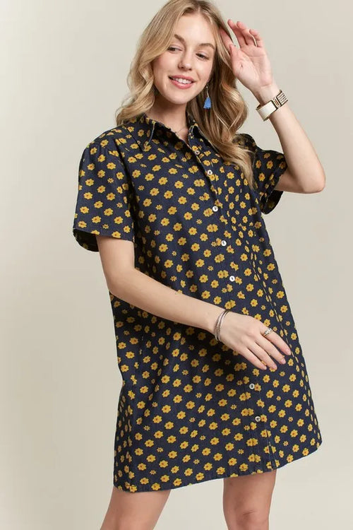 ADORA Floral Button-Up Mini Denim Dress – view 2 | Lola Mariee