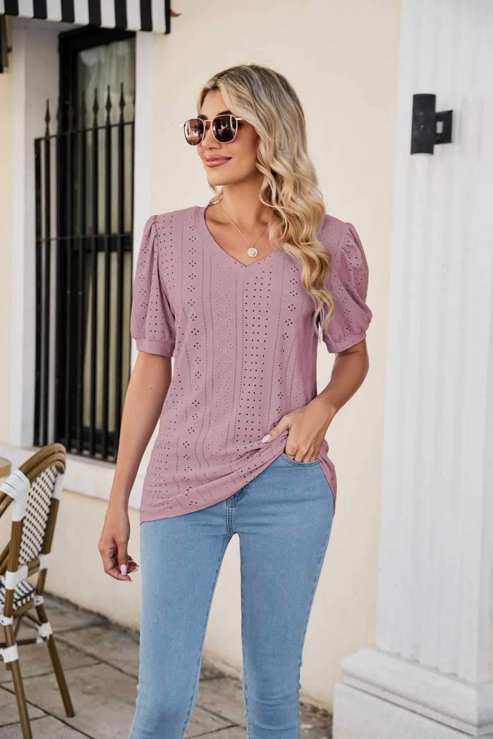 Eyelet Puff Sleeve V-Neck Top - Trendsi | Lola Mariee
