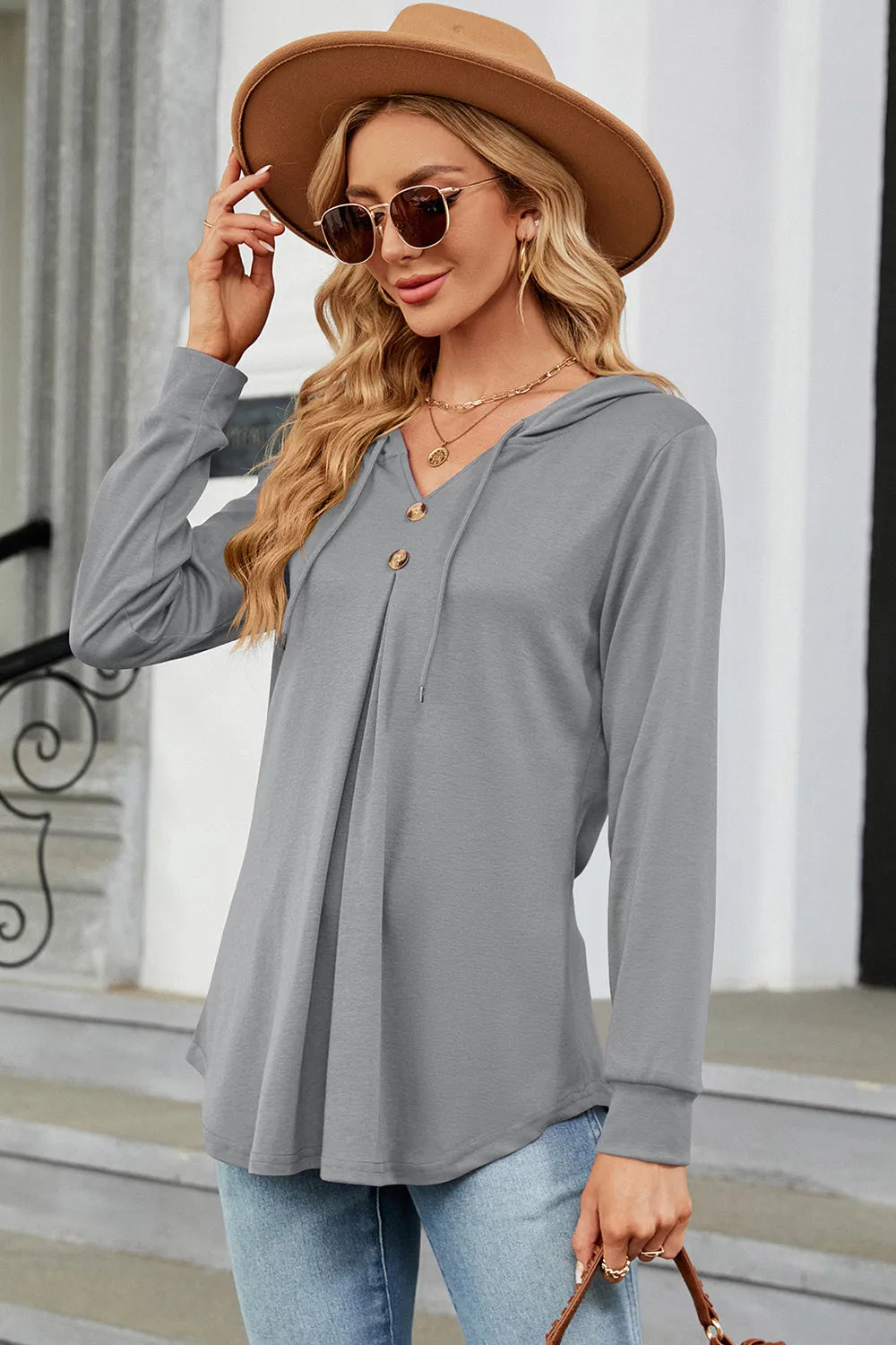 Decorative Button Drawstring Long Sleeve Hoodie - Trendsi | Lola Mariee