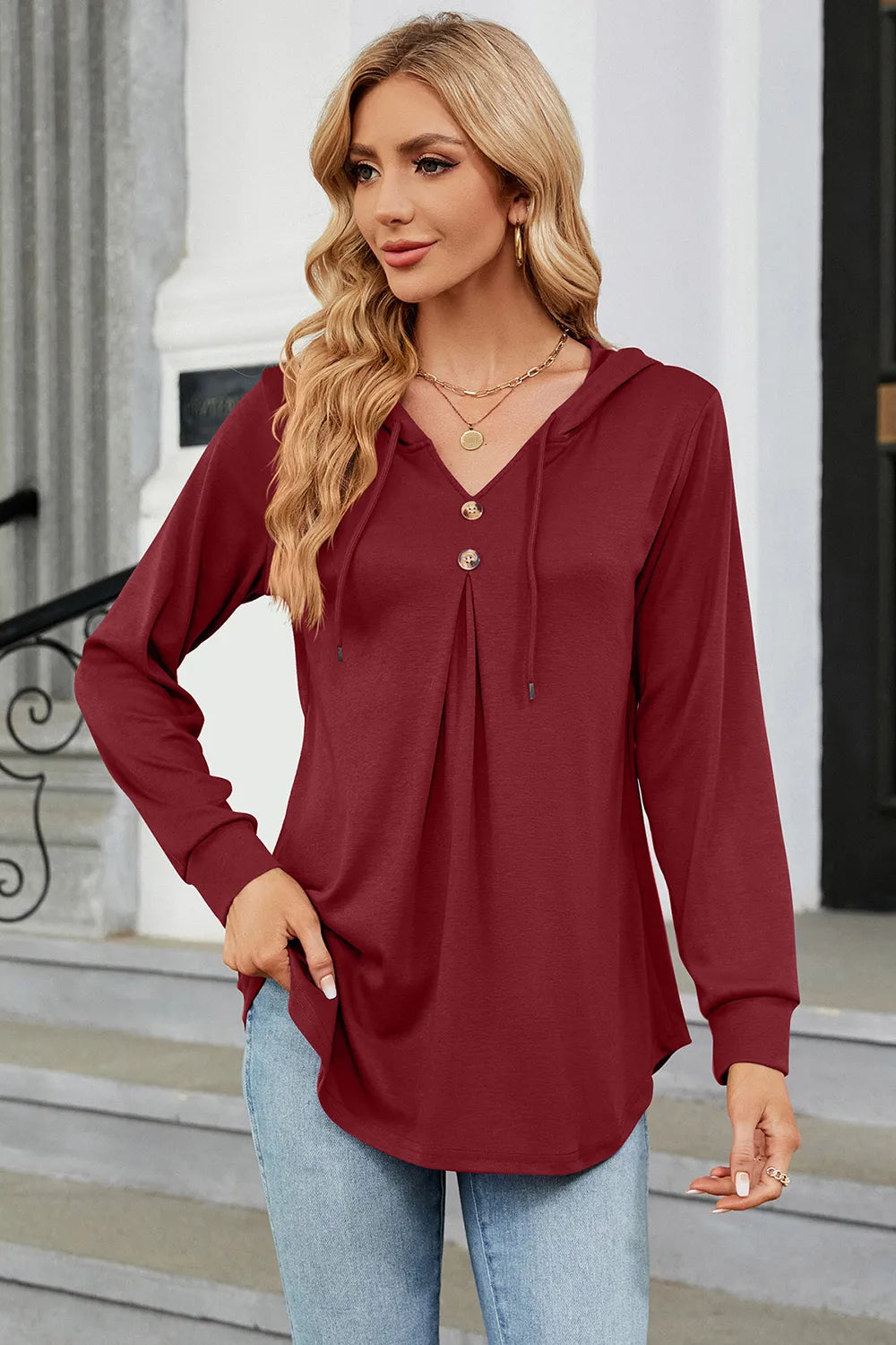 Decorative Button Drawstring Long Sleeve Hoodie - Trendsi | Lola Mariee