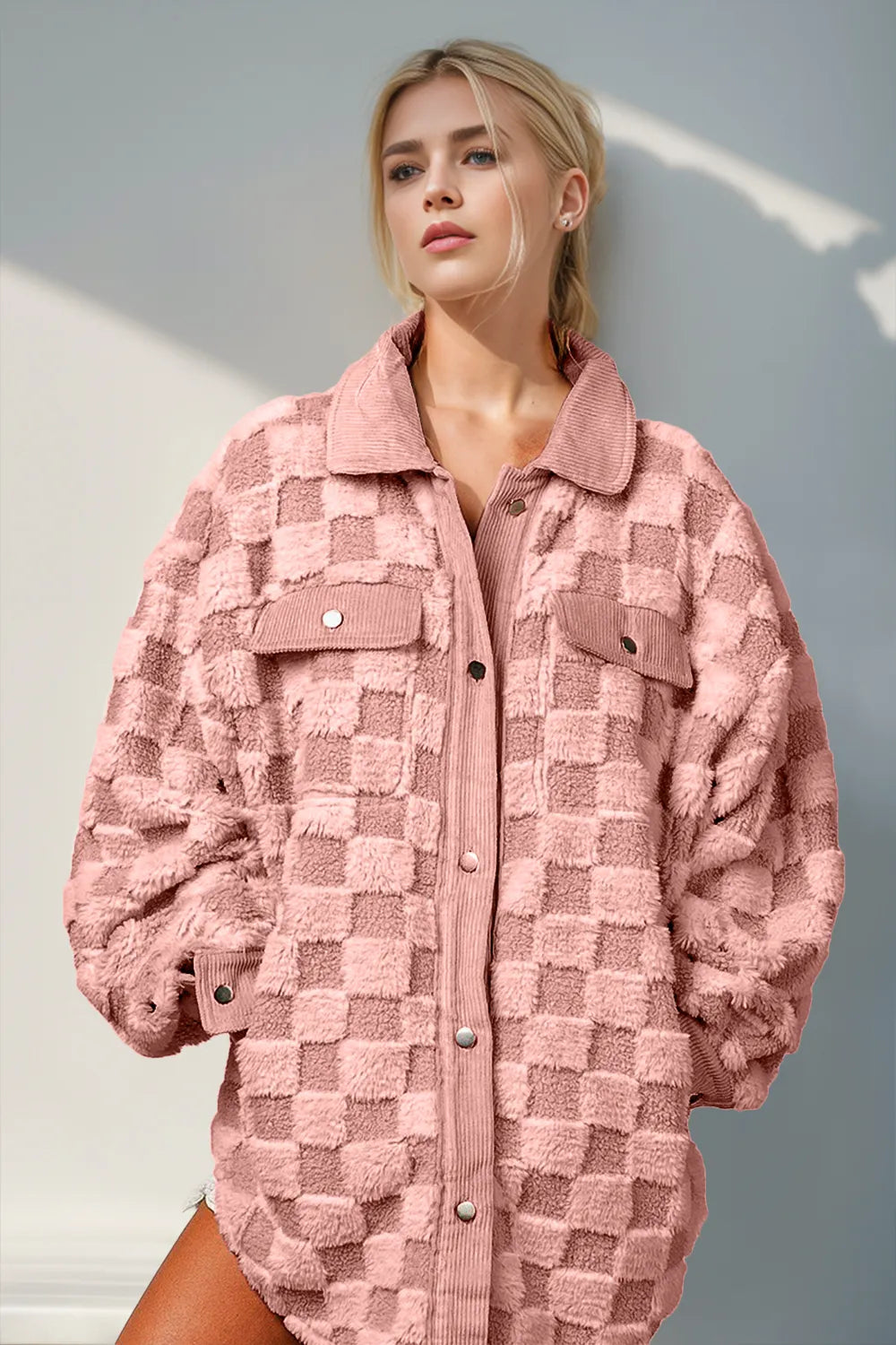 Double Take Button Up Fuzzy Checkered Shacket – view 4 | Lola Mariee