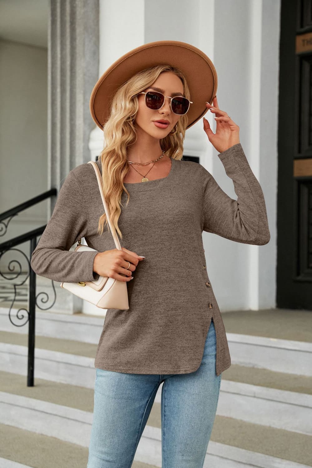 Square Neck Long Sleeve Slit T-Shirt - Trendsi | Lola Mariee