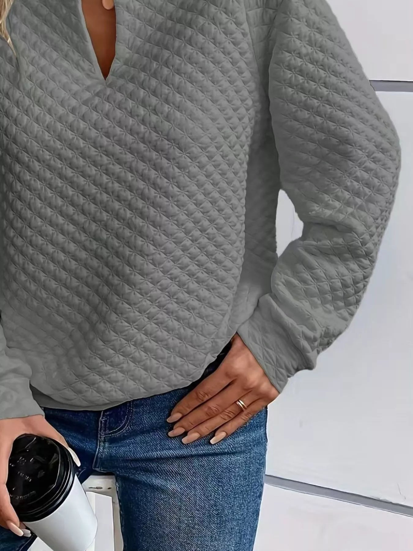 Textured Notched Raglan Sleeve Sweatshirt - Trendsi | Lola Mariee