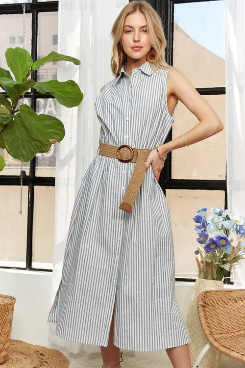 ADORA Striped Button Down Sleeveless Midi Dress | Lola Mariee