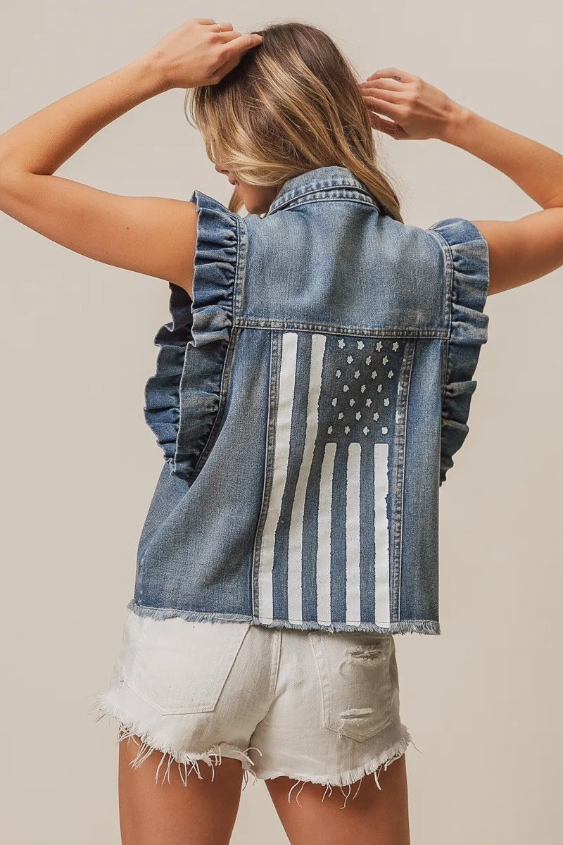 BiBi American Flag Washed Denim Jacket - Trendsi | Lola Mariee