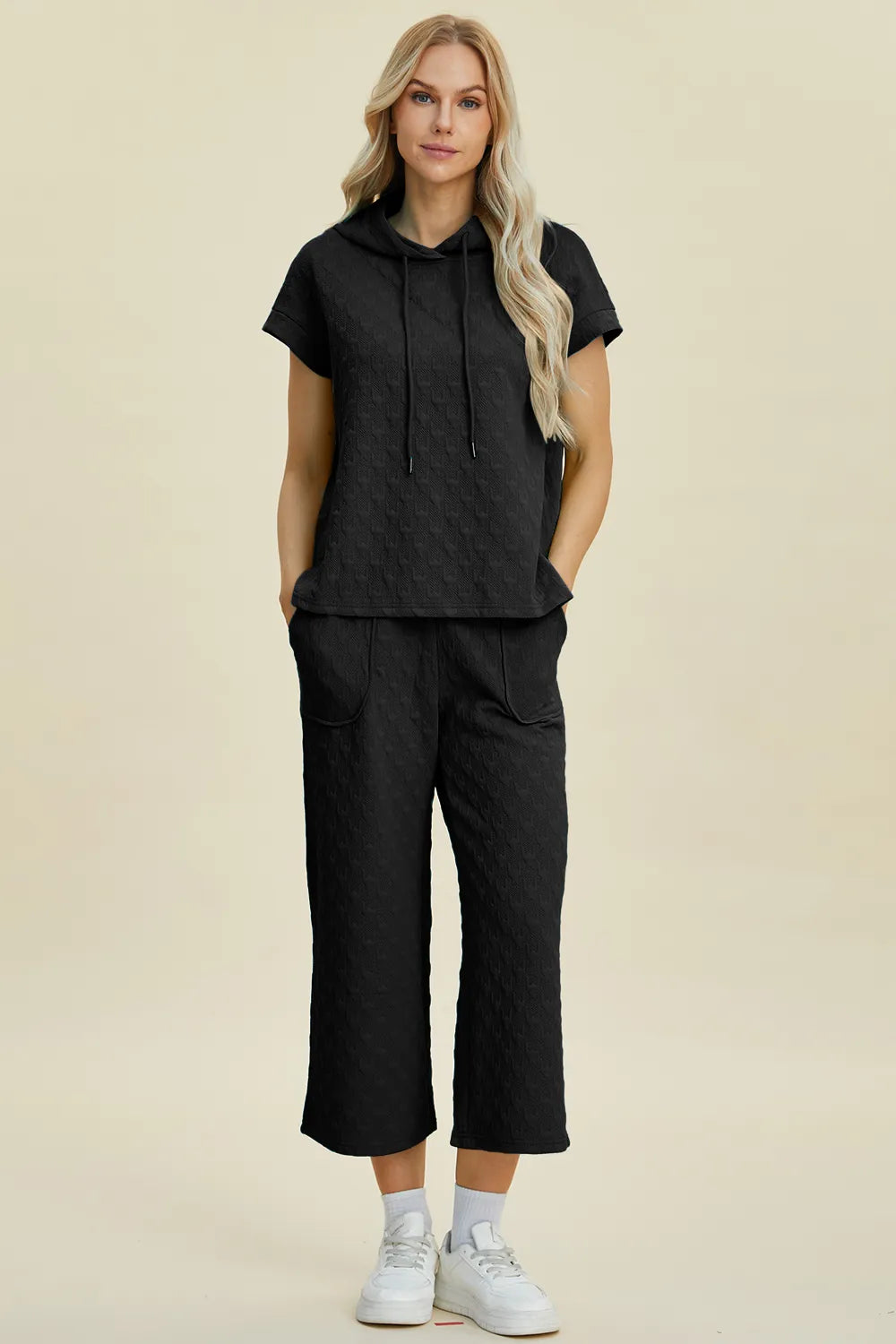 Double Take Full Size Texture Drawstring Short Sleeve Hoodie and Pocketed Pants Set – view 9 | Lola Mariee