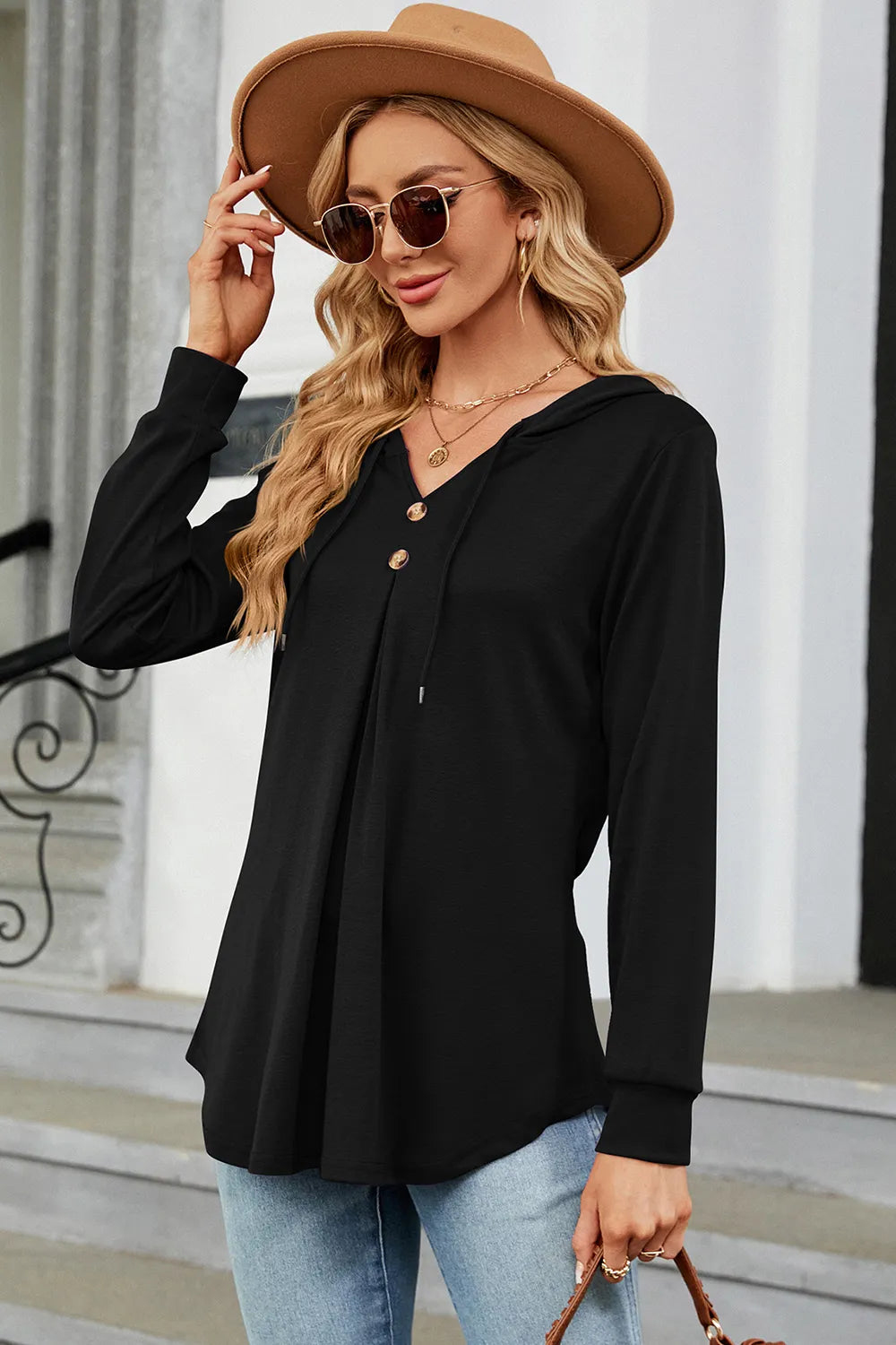 Decorative Button Drawstring Long Sleeve Hoodie - Trendsi | Lola Mariee