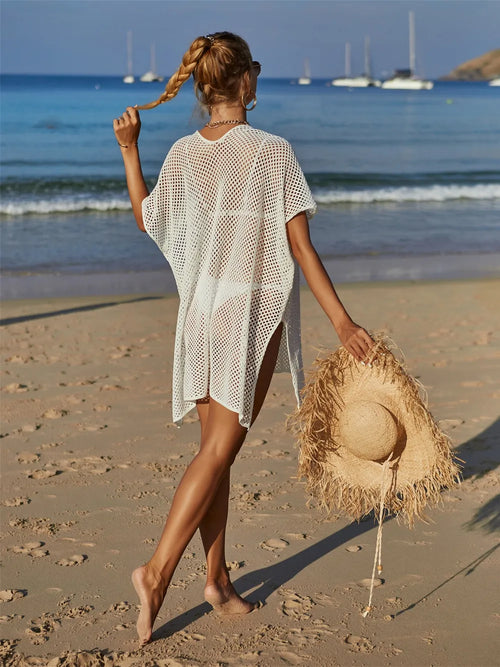 Angel Wings Openwork Flower V-Neck Short Sleeve Cover Up – view 2 | Lola Mariee