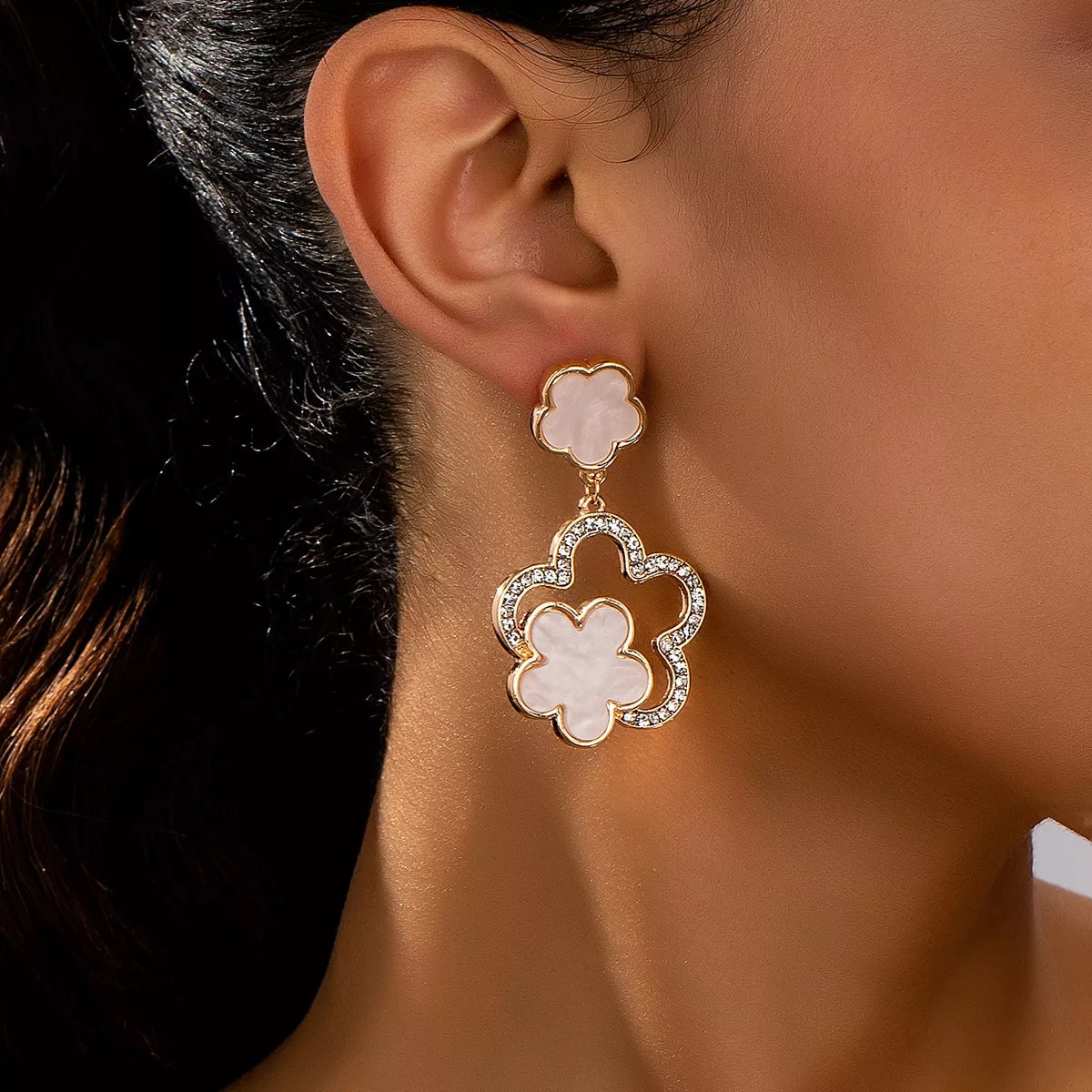 Lucky Clover Dangle Earrings with Rhinestone Accents – view 3 | Lola Mariee