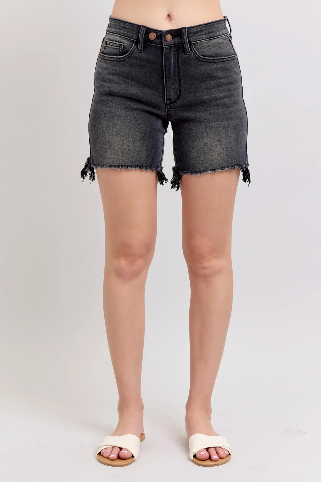 Judy Blue Full Size Long Cut Off 2 Button Dad Denim Shorts Plus Size - women's bottoms at Lola Mariee boutique