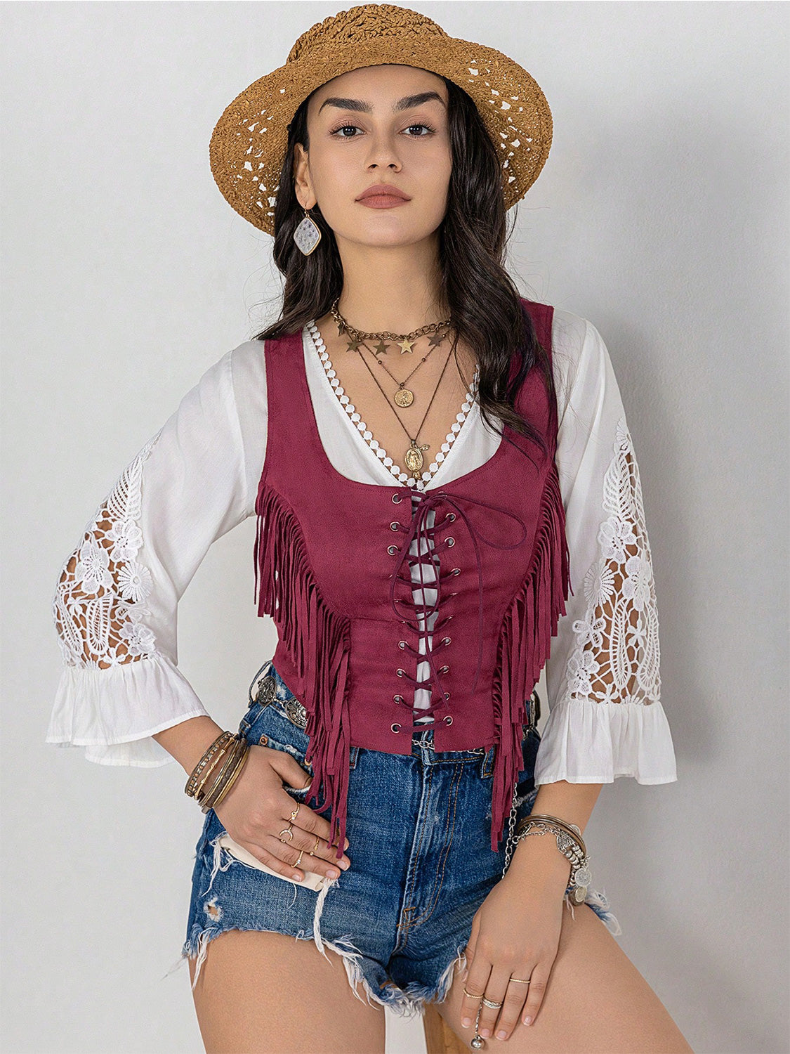 Fringe Lace-Up Vest – view 6 | Lola Mariee