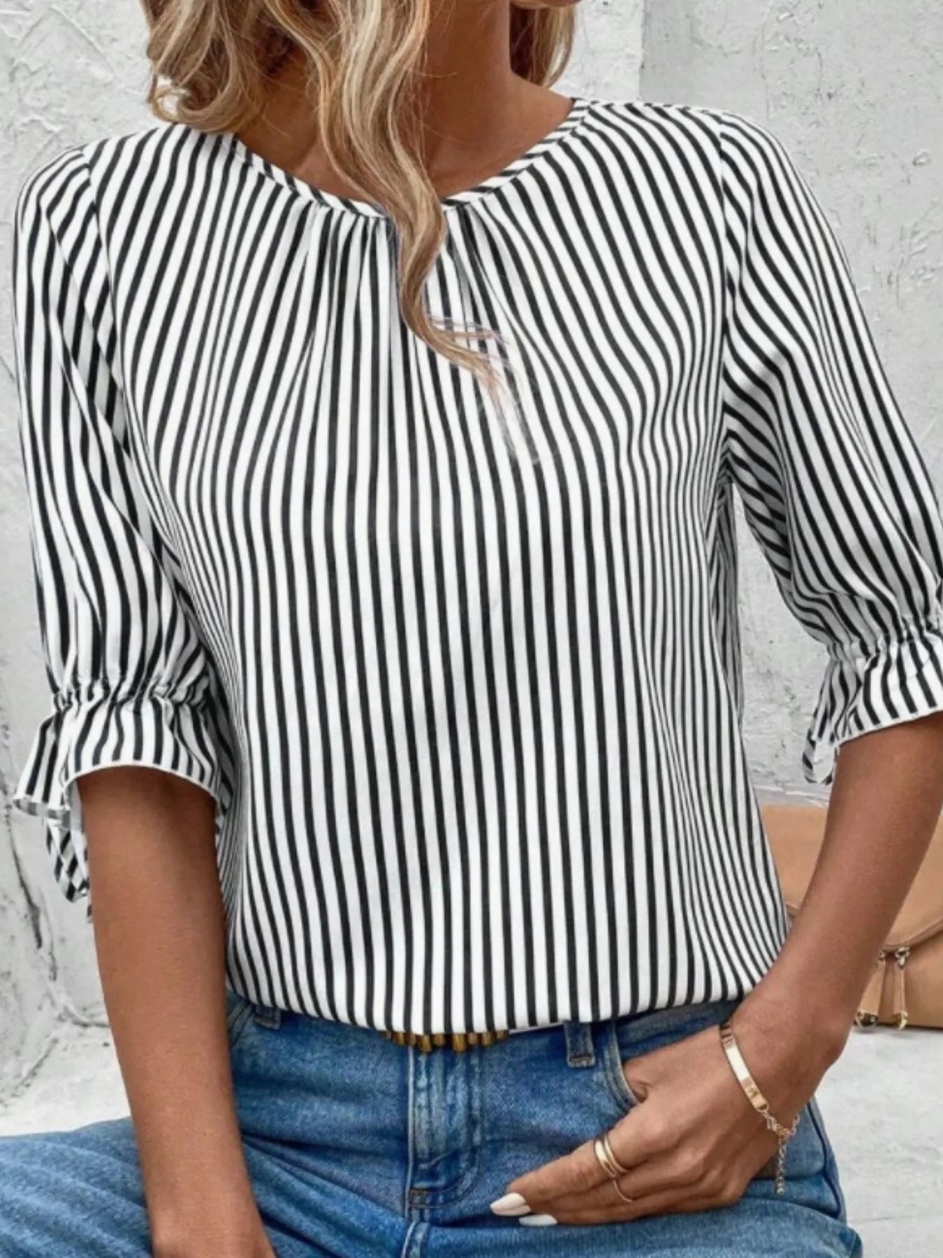 Striped Round Neck Half Sleeve Casual Blouse – view 4 | Lola Mariee