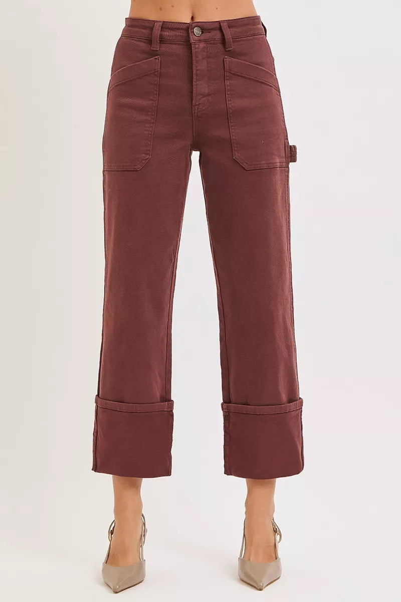 RISEN Full Size High Rise Wide Straight Cuffed Patch Jeans Plus Size - women's bottoms at Lola Mariee boutique