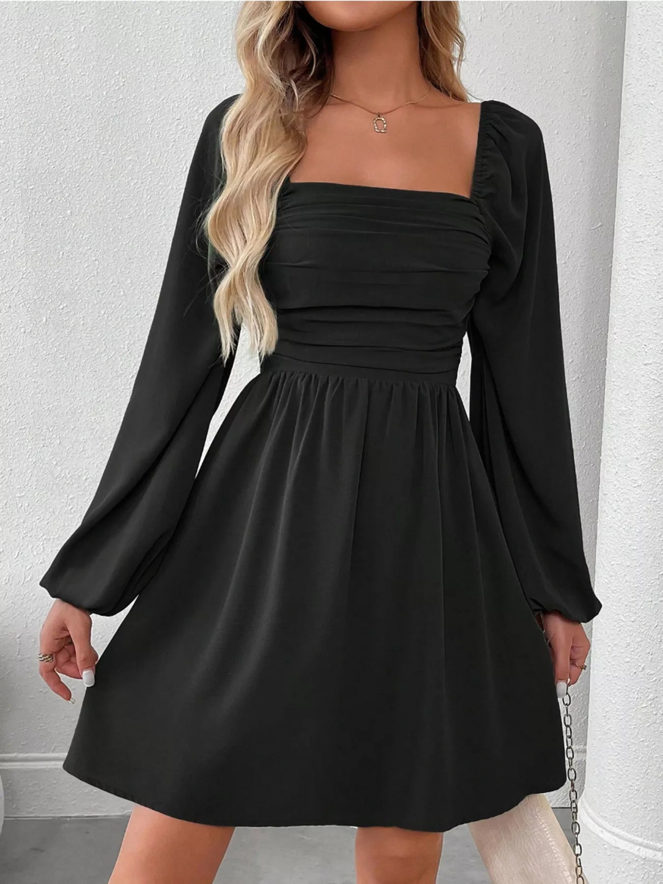 Ruched Square Neck Long Sleeve A-Line Dress – view 10 | Lola Mariee