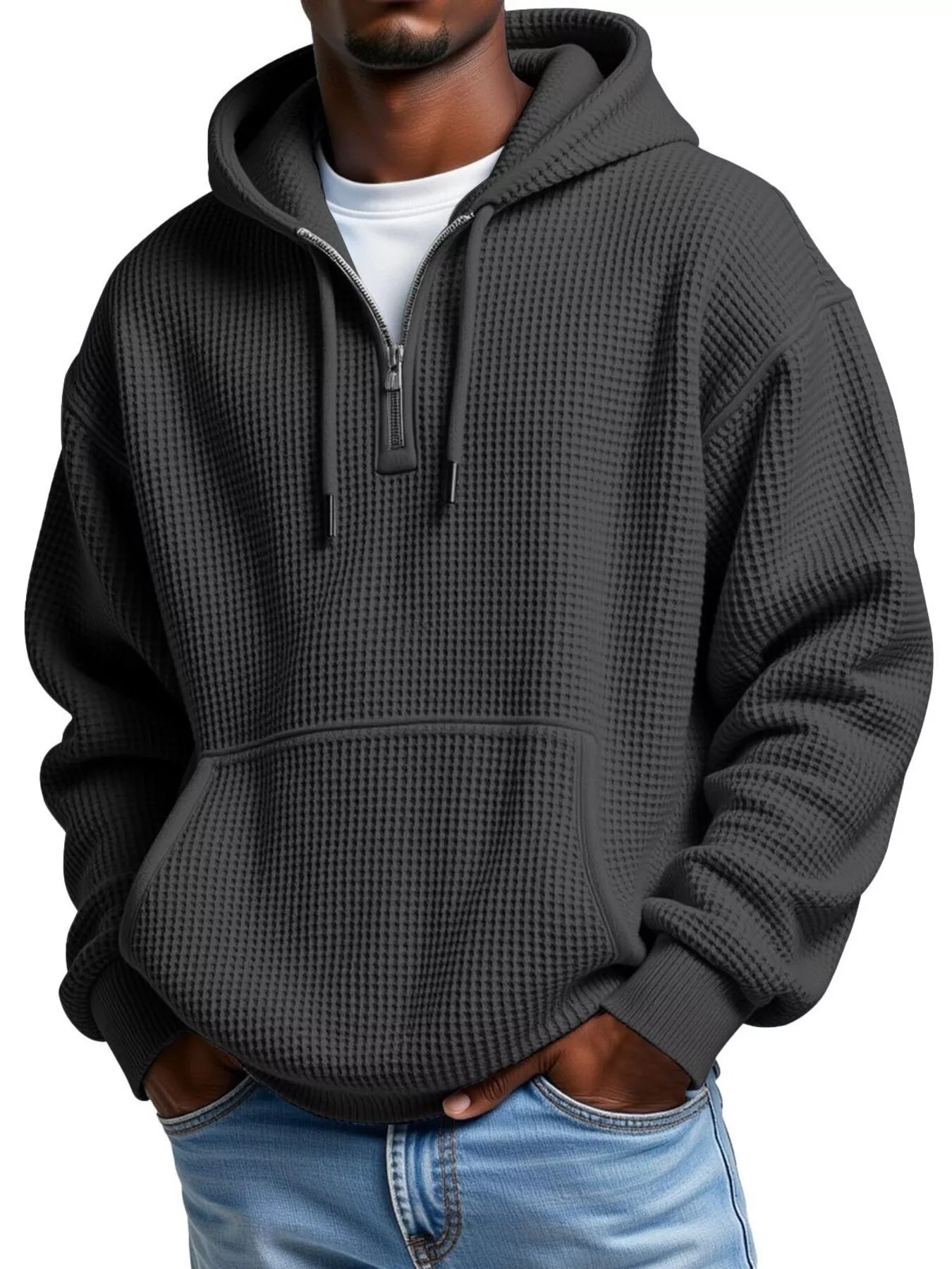 Men's Full Size Textured Waffle Knit Half-Zip Hoodie Plus Size – view 4 | Lola Mariee